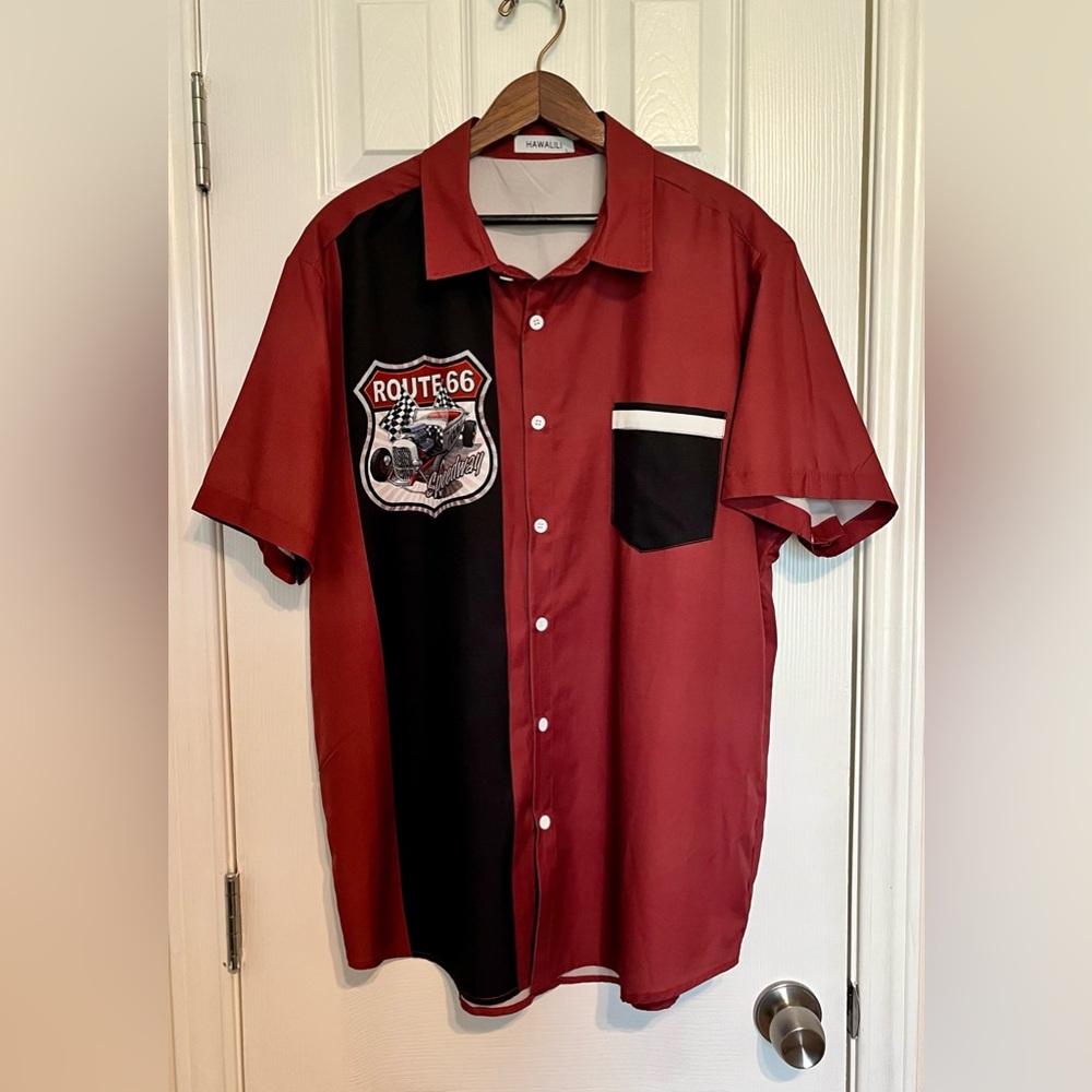 Men’s Route 66 Red and Black Button Up Short‎ Sleeve Shirt